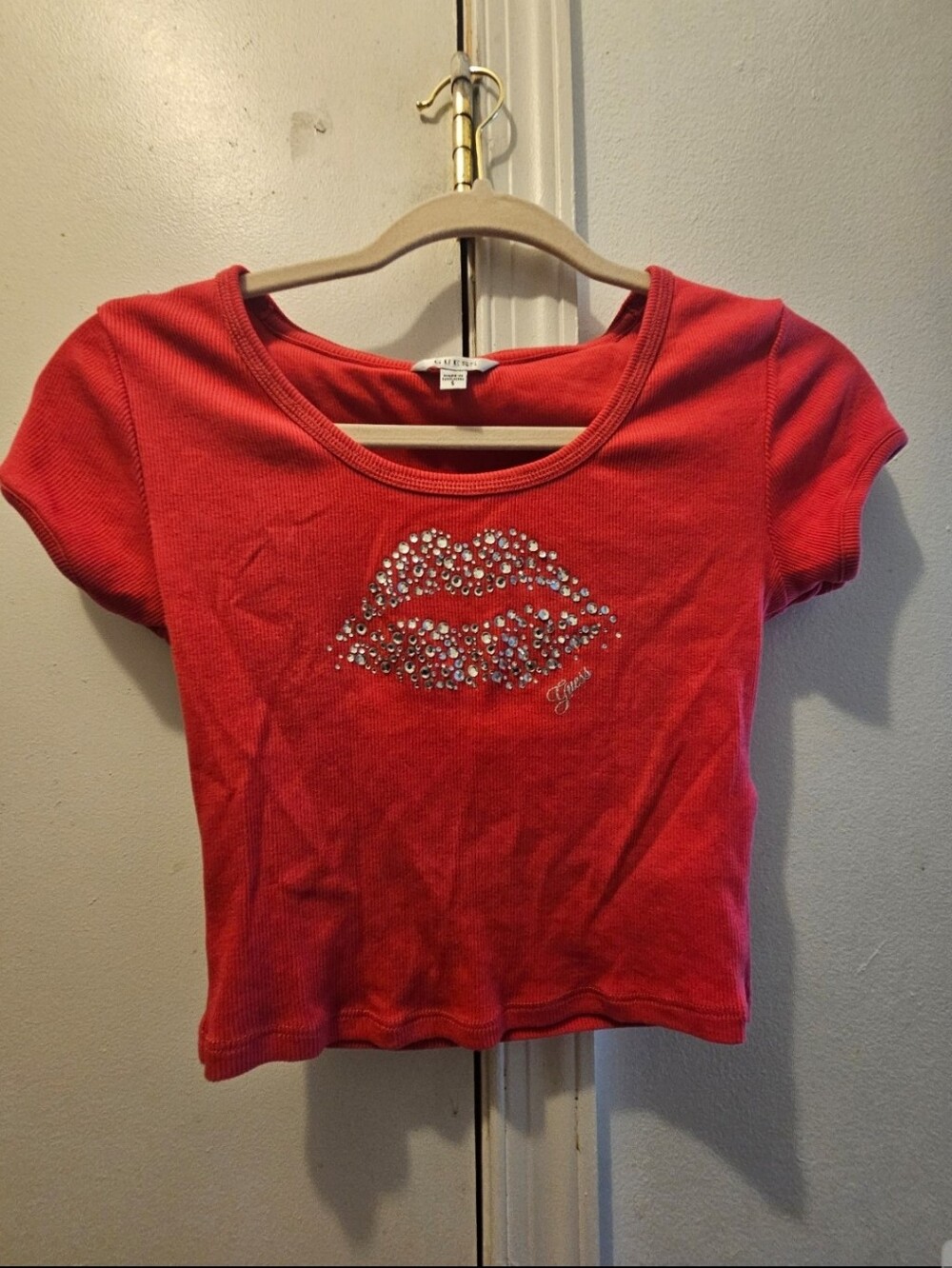 Guess Red rhinestone lip crop top